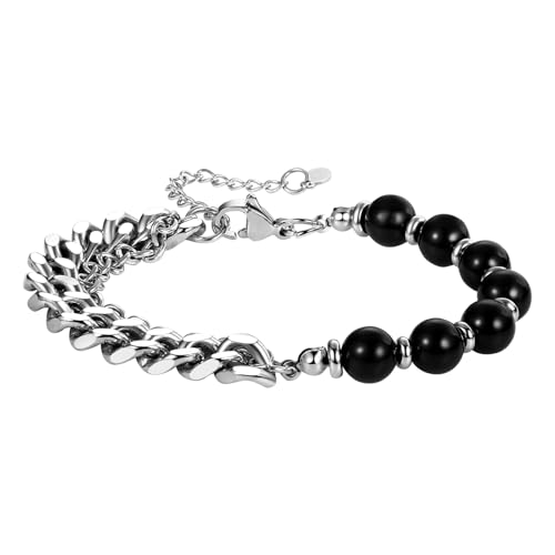 JewelryWe Obsidian Panzerkette Armband Perlenarmband: Schwarz Turmalin Perlen Edelstahl Kubanische Kette Patchwork Armband Naturstein Verstellbar Armkette Armreif für Damen Herren Unisex von JewelryWe