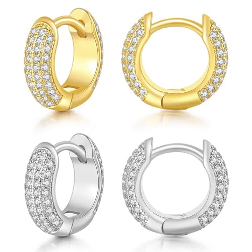JewelryWe Ohrringe Creolen Damen Zirkonia: 2 Paar Creolen Huggie Hoop Ohrringe Runde Knorpel Klein Ohrstecker mit Mehrreihigen Rundschliff Cubic Zirkonia Elegant Glitzer Ohrschmuck für Frauen Männer von JewelryWe