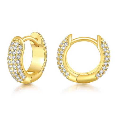 JewelryWe Ohrringe Creolen Damen Zirkonia: Gold Creolen Huggie Hoop Ohrringe Runde Knorpel Klein Ohrstecker mit Mehrreihigen Rundschliff Cubic Zirkonia Elegant Glitzer Ohrschmuck für Frauen Männer von JewelryWe