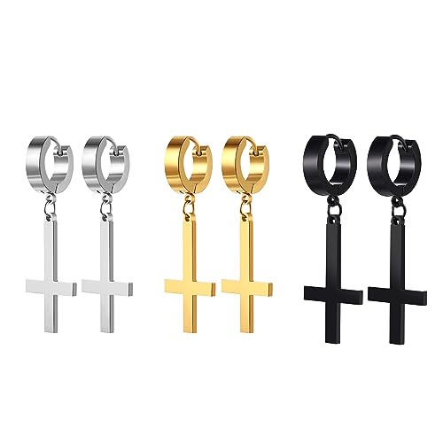 JewelryWe Ohrringe Creolen Umgekehrt Kreuz - 3 Paar Vintage Upside-Down Umgedreht Kreuz Ohrringe Herren Damen Creolen mit Petruskreuz Inverted Cross Anhänger Satanische Hängende Ohrringe Ohrhänger von JewelryWe