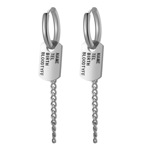 JewelryWe Ohrringe Creolen für Herren Damen: Silber Edelstahl Kleine Creolen Huggie Ohrringe Ohrstecker Ohrhänger mit Baumelnde Kette und Rechteck Tag mit Gravur NAME TEL BIRTH BLOODTYFE von JewelryWe