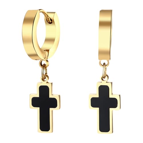 JewelryWe Ohrringe Creolen mit Kreuz Anhänger: Gold Edelstahl Huggie Hoops Kreuz Ohrhänger mit Schwarz Muschel Inlay Unisex Hypoallergen Hängend Ohrringe Religiöser Schmuck für Damen Herren von JewelryWe
