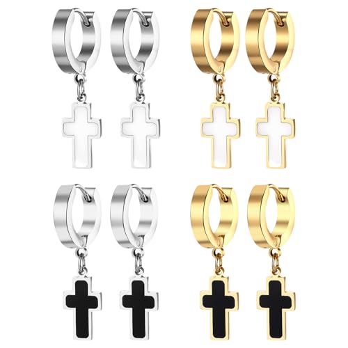 JewelryWe Ohrringe Creolen mit Kreuz Anhänger: Gold Edelstahl Huggie Hoops Kreuz Ohrhänger mit Weiß Muschel Inlay Unisex Hypoallergen Hängend Ohrringe Religiöser Schmuck für Damen Herren von JewelryWe