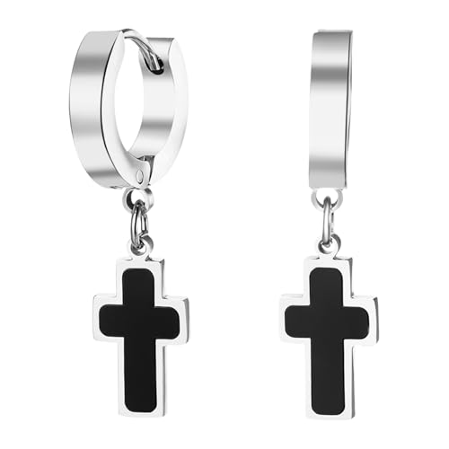 JewelryWe Ohrringe Creolen mit Kreuz Anhänger: Silber Edelstahl Huggie Hoops Kreuz Ohrhänger mit Schwarz Muschel Inlay Unisex Hypoallergen Hängend Ohrringe Religiöser Schmuck für Damen Herren von JewelryWe