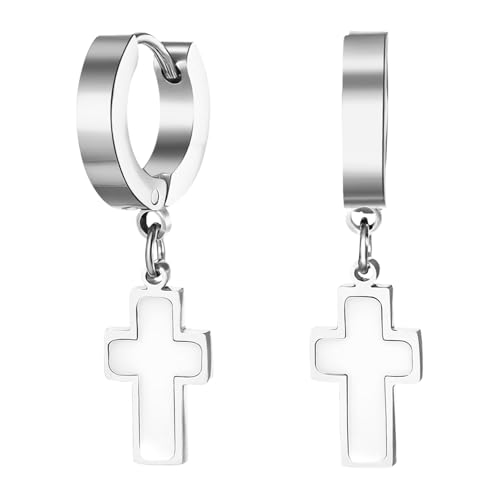 JewelryWe Ohrringe Creolen mit Kreuz Anhänger: Silber Edelstahl Huggie Hoops Kreuz Ohrhänger mit Weiß Muschel Inlay Unisex Hypoallergen Hängend Ohrringe Religiöser Schmuck für Damen Herren von JewelryWe