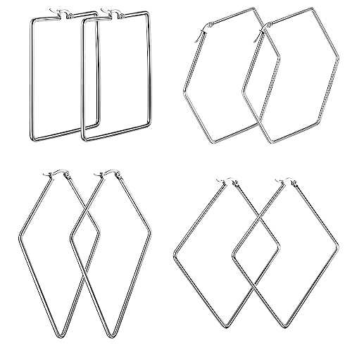 JewelryWe Ohrringe Damen Große Creolen - 4 Paar Rhombus/Sechseck/Rechteck/Quadrat Geometrische Ohrringe Elegant Huggie Creolen Ohrstecker für Frauen Mädchen Silber von JewelryWe