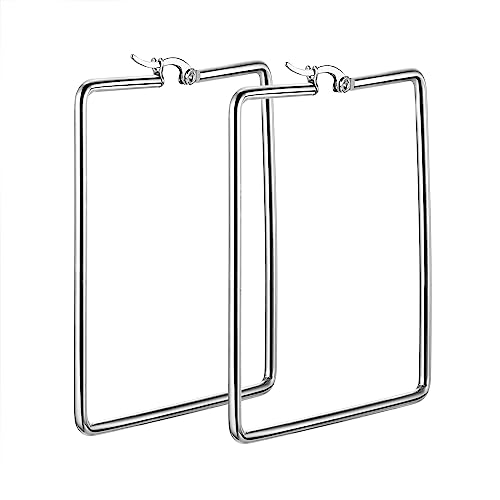 JewelryWe Ohrringe Damen Rechteck Creolen - Große Quadrat Geometrische Ohrringe Elegant Huggie Creolen Ohrstecker für Frauen Mädchen Silber von JewelryWe