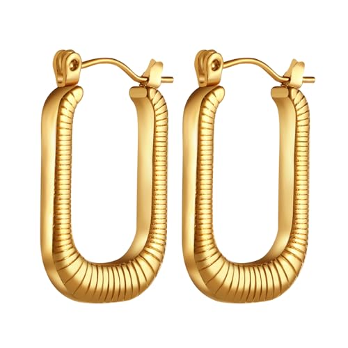 JewelryWe Ohrringe Damen Rechteckig Creolen: Gold Chunky Gestreift Rechteck Edelstahl Geometrisch Klein Creolen Huggie Ohrringe Klobig Dick Leicht Hypoallergen Ohrstecker Geschenk für Frau Mädchen von JewelryWe