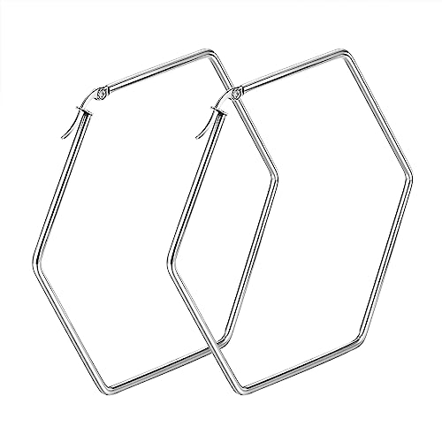 JewelryWe Ohrringe Damen Sechseck Creolen - Große Hexagon Geometrische Ohrringe Elegant Huggie Creolen Ohrstecker für Frauen Mädchen Silber von JewelryWe