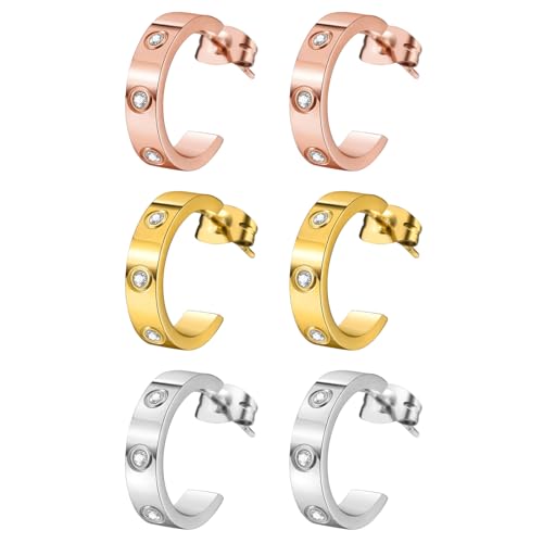 JewelryWe Ohrringe Damen Zirkonia Creolen: 3 Paar Edelstahl Halbkreis Ohrstecker mit Zirkonia Kleine C-Form Chunky Hoop Ohrringe Ohrpiercings Geschenk für Frauen Mädchen von JewelryWe