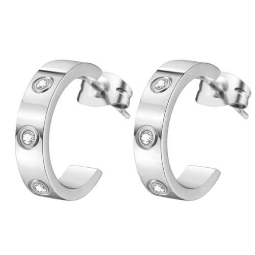 JewelryWe Ohrringe Damen Zirkonia Creolen: Silber Edelstahl Halbkreis Ohrstecker mit Zirkonia Kleine C-Form Chunky Hoop Ohrringe Ohrpiercings Geschenk für Frauen Mädchen von JewelryWe