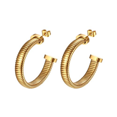 JewelryWe Ohrringe Gold Ohrstecker Damen: 14K Vergoldet Edelstahl Gestreift C förmige Ohrstecker Hypoallergen Dicke Klobige Große Hoop Ohrringe Ohr Piercing Schmuck Geschenk für Frauen Mädchen von JewelryWe
