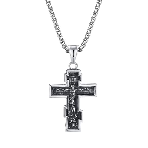 JewelryWe Orthodoxe Kreuz Halskette für Herren: Edelstahl Russisch Orthodoxer Kruzifix Kette mit Jesus Bibel Gebet Anhänger Religiöse Christliche Amulett Schmuck Geschenk für Männer Frauen Silber von JewelryWe