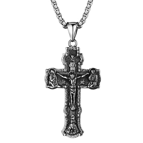 JewelryWe Orthodoxes Kreuz Halskette Herren: Silber Edelstahl Russisch Östlich Orthodoxer Kruzifix Kette mit Jesus Anhänger Religiöse Christliche Halskette Authentischer Christen Amulett Schmuck von JewelryWe