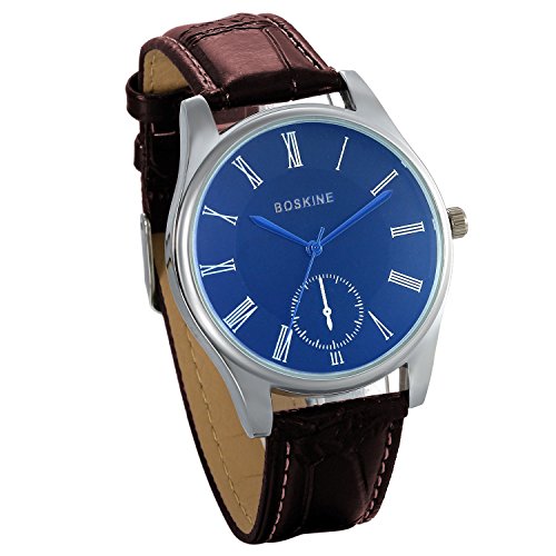 JewelryWe Paar Armbanduhr, Retro Analog Quarz Uhr Braun Leder Band Quarzuhren mit Blau Römischen Ziffern Zifferblatt für Damen Frauen von JewelryWe