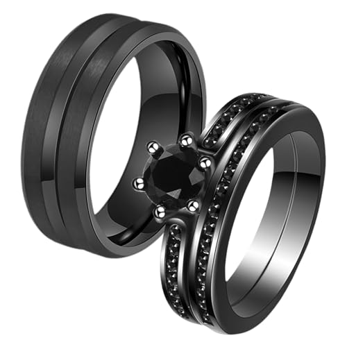 JewelryWe Paar Ringe Edelstahl Schwarz: 2pcs Stapelbare Partnerringe Freundschaftsringe mit Rille Zirkonia Verlobungsring Ehering Versprechensring Hochzeit Band Bandring mit Gravur für Herren Damen von JewelryWe