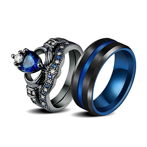 JewelryWe Paar Ringe Edelstahl: Blau Rille Herz Zirkonia Claddagh Krone Stapelbar Pärchen Trauringe Partnerringe Freundschaftsringe Eheringe Verlobungsringe Hochzeit Band Gravur für Herren Damen von JewelryWe