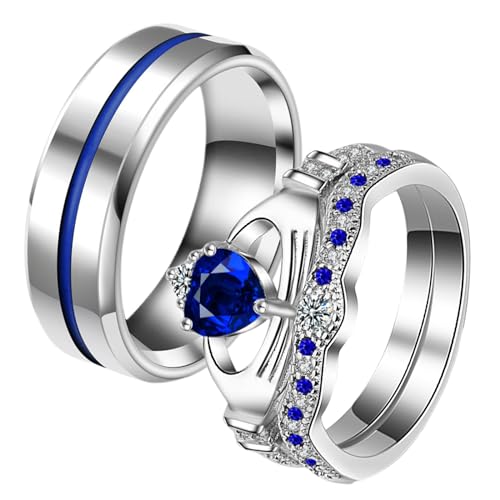 JewelryWe Paar Ringe Herren Damen: Edelstahl Blau Rille Herz Zirkonia Claddagh Krone Stapelbar Pärchen Trauringe Partnerringe Freundschaftsringe Eheringe Verlobungsringe Hochzeit Band Gravur Silber von JewelryWe