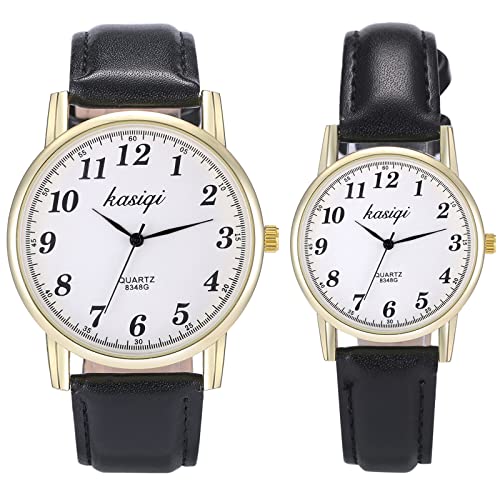 JewelryWe Paar Uhren Analog Quarz Partner Freundschafts Armbanduhr Klassische Einfache Leder Armband Pärchen Uhr für Herren Damen Schwarz von JewelryWe
