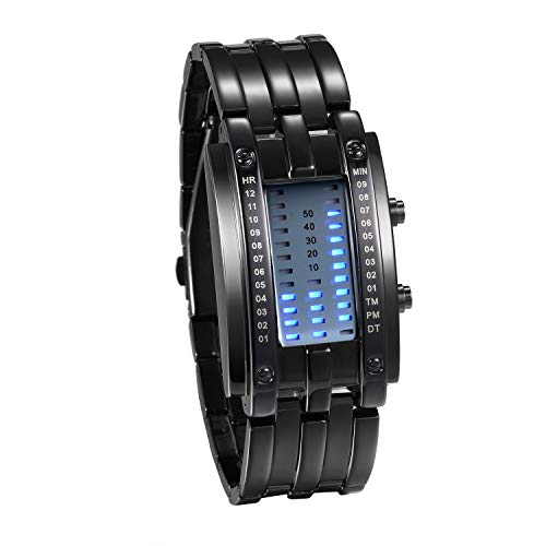 JewelryWe Paar Uhren Digitaluhr Schwarz Edelstahl Binäre Uhr Rechteck Bezel LED Sportuhr Blau LED Licht Kalender Mode Cool Partner Armbanduhr für Damen von JewelryWe
