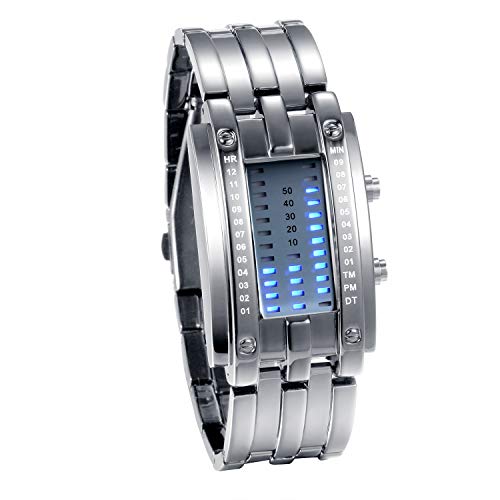 JewelryWe Paar Uhren Digitaluhr Silber Edelstahl Binäre Uhr Rechteck Bezel LED Sportuhr Blau LED Licht Kalender Mode Cool Partner Armbanduhr für Damen von JewelryWe