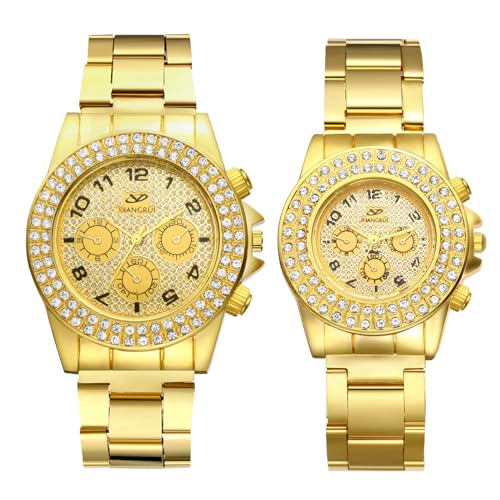 JewelryWe Paar Uhren Edelstahl Diamant: Elegant Glitzer Strass Analog Quarz Partner Freundschaft Armbanduhr Gold Edelstahl Armband Iced Out Uhr Valentinstag Pärchen Geschenk für Herren Damen von JewelryWe