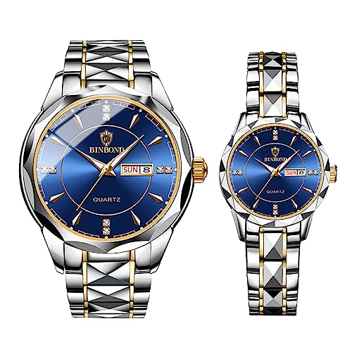 JewelryWe Paar Uhren Edelstahl Herren Damen - 2pcs Blau Analog Quarz Pärchen Armbanduhr mit Edelstahl Armband Leuchtend Zeiger Datum Woche Kalender 30m wasserdichte Uhr für Männer Frauen von JewelryWe