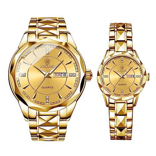 JewelryWe Paar Uhren Edelstahl Herren Damen - 2pcs Gold Analog Quarz Pärchen Armbanduhr mit Edelstahl Armband Leuchtend Zeiger Datum Woche Kalender 30m wasserdichte Uhr für Männer Frauen von JewelryWe