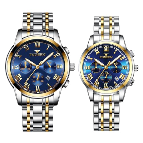 JewelryWe Paar Uhren Edelstahl Leuchtzeiger: Datum Kalender 30m Wasserdicht Analog Quarz Pärchen Armbanduhr Partner Freundschaft Uhr mit Blau Römischen Ziffern Zifferblatt & Edelstahl Band von JewelryWe