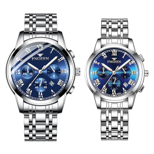 JewelryWe Paar Uhren Edelstahl Leuchtzeiger: Datum Kalender 30m Wasserdicht Analog Quarz Pärchen Armbanduhr Partner Freundschaft Uhr mit Blau Römischen Ziffern Zifferblatt & Silber Edelstahl Band von JewelryWe