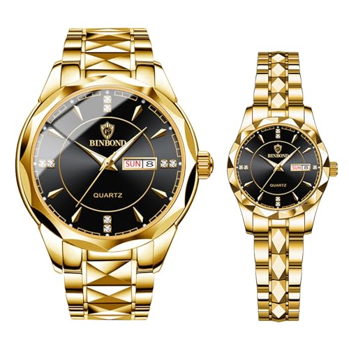 JewelryWe Paar Uhren Edelstahl Partneruhr: 2pcs 30m Wasserdicht Kalender Analog Quarz Pärchen Armbanduhr Gold Edelstahl Armband Freundschaftsuhr mit Schwarz Zifferblatt und Gold Leuchtzeiger von JewelryWe