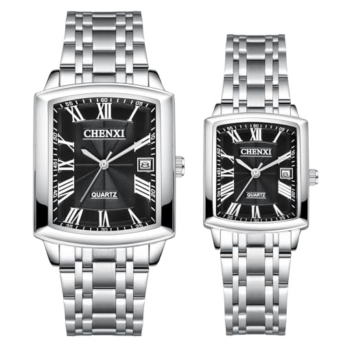 JewelryWe Paar Uhren Edelstahl Rechteckig: 30m wasserdichte Kalender Analog Quarz Pärchen Armbanduhr Silber Edelstahlband Partner Freundschaft Uhr mit Schwarz Rechteck Römischen Zahlen Zifferblatt von JewelryWe