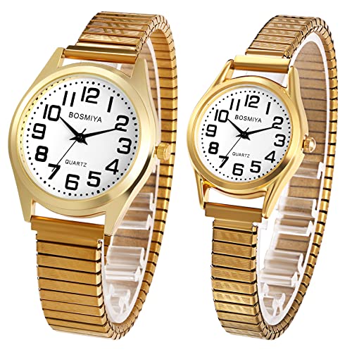 JewelryWe Paar Uhren Elastisch Edelstahl: Analog Quarz Pärchen Armbanduhr Herren Damen Gold Edelstahl Stretch-Armband Partneruhr Freundschaftsuhr mit großen arabischen Zahlen Zifferblatt von JewelryWe