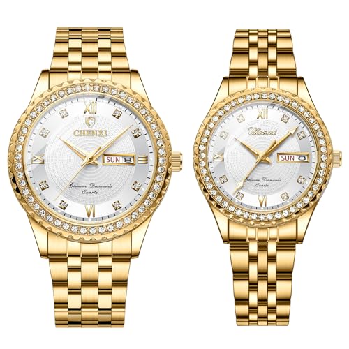 JewelryWe Paar Uhren Leuchtend Diamant: 2pcs Glitzer Strass 30m Wasserdicht Kalender Analog Quarz Pärchen Armbanduhr Gold Edelstahl Partneruhr Freundschaftsuhr mit Weiß Römischen Ziffern Diamantskala JewelryWe Paar Uhren Leuchtend Diamant: 2pcs Glitzer Strass 30m Wasserdicht Kalender Analog Quarz Pärchen Armbanduhr Gold Edelstahl Partneruhr Freundschaftsuhr mit Weiß Römischen Ziffern Diamantskala von JewelryWe