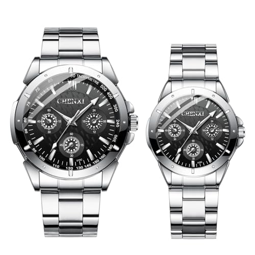 JewelryWe Paar Uhren Leuchtend Edelstahl: 2pcs 30m Wasserdicht Analog Quarz Pärchen Armbanduhr Silber Edelstahlarmband Partneruhr Freundschaftsuhr mit Schwarz Römischen Ziffern Balkenskala Zifferblatt von JewelryWe