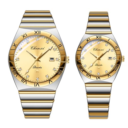 JewelryWe Paar Uhren Leuchtende Partneruhr: 2pcs 30m Wasserdicht Kalender Analog Quarz Pärchen Armbanduhr Edelstahl Band Freundschaftsuhr mit Römischen Ziffern Strassskala & Gold rundem Zifferblatt von JewelryWe