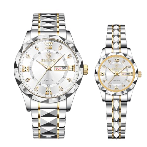 JewelryWe Paar Uhren Leuchtende Partneruhr: 2pcs 30m Wasserdicht Kalender Analog Quarz Pärchen Armbanduhr Gold/Silber Edelstahl Armband Freundschaftsuhr mit Römischen Ziffern Diamantskala von JewelryWe