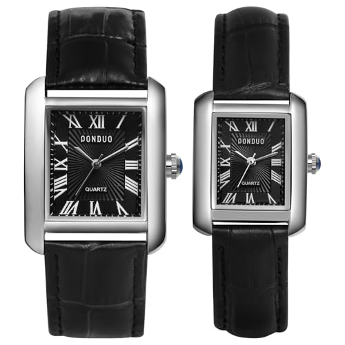 JewelryWe Paar Uhren Rechteckig Leder: 2pcs Vintage Analog Quarz Pärchen Armbanduhr Herren Damen Schwarz PU Lederarmband Partneruhr Freundschaftsuhr mit römischen Ziffern Eckigem Zifferblatt von JewelryWe