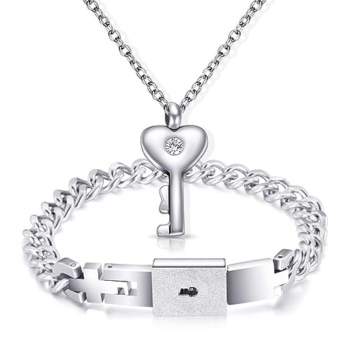 JewelryWe Paare Armband Halskette mit Geschenkbox: Edelstahl Schlüssel Anhänger Kette Schloss Armkette Pärchen Schmuck Set Rosenbox Geburtstag Valentinstag Hochzeit Geschenk für Freund Freundin von JewelryWe