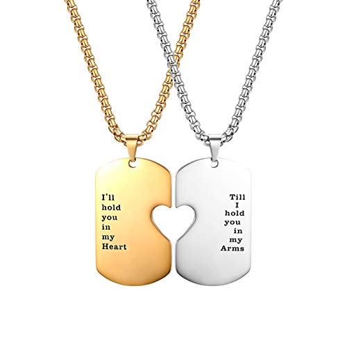 JewelryWe Valentinstag Schmuck Paare Halskette, Edelstahl Herz Dog Tag Partner-Anhänger Partneketten mit Gravur I'll hold You in My Heart Till I hold You in My arms Pärchen Kette Gold Silber von JewelryWe