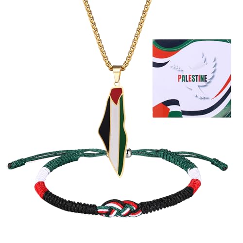 JewelryWe Palästina Halskette Armband 2er Set: Damen Edelstahl Gold Palästina-Karte Anhänger Kette Palästinensische Flagge Armband Schmuckset Handgewebt Geflochten verstellbar Seilarmbänder Geschenke von JewelryWe