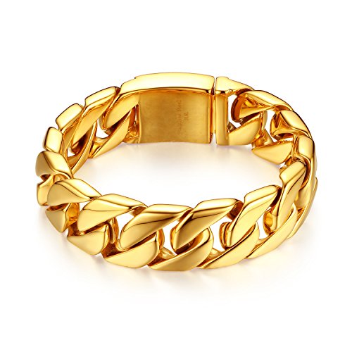 JewelryWe Panzerkette Armband Herren Gold: 20mm Breit Edelstahl Hochglanz Poliert Groß Schwer Kubanische Kette Armkette Maskulines Panzerarmband Schmuck Geschenk für Männer Freund Vater von JewelryWe