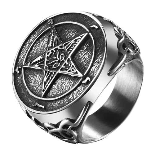 JewelryWe Pentagramm Ring Herren Siegelring: Edelstahl Satanischer Herren-Ring Pentagram Leviathan Kreuz Gefallener Engel Retro Punk Fingerring Bandring Satan Amulett Schmuck Geschenk Größe 65 von JewelryWe