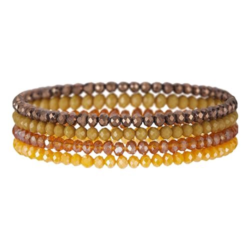 JewelryWe Perlenarmband Damen Elastisch Armband: 4er-Pack Braun Boho Kristall Perlen Stretch-Armband Mehrschichtiges Steine Stapelbare Armkette Armreif Geschenk für Frau Freundin von JewelryWe