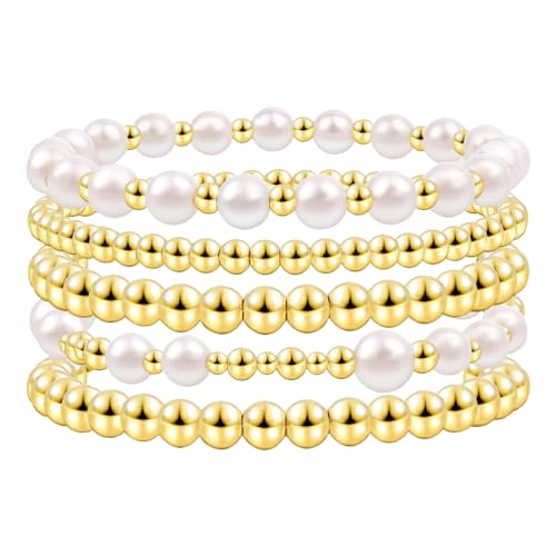 JewelryWe Perlenarmband Damen Elastisch Armband: 5er-Pack Weiß Imitation Perlen Gold Barock Stretch-Armband Mehrschichtig Kugelarmband Stapelbare Armkette Armreif Geschenk für Frau Freundin von JewelryWe