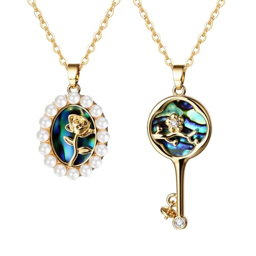 JewelryWe Perlmutt Blumen Halskette 2er Set: Gold Damen Edelstahl Kette mit Abalone Muschel Kunstperlen Oval Schlüssel Vergoldet Anhänger Geschenk für Frauen Mutter Freundin von JewelryWe