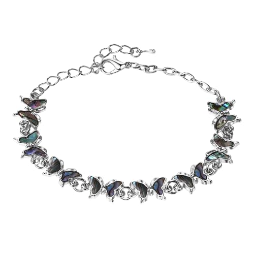 JewelryWe Perlmutt Schmetterling Armband für Damen: Silber Edelstahl Verstellbares Gliederarmband Armkette mit Abalone Muschel Schmetterlingsanhänger Unisex Schmuck Geschenk für Frauen Männer von JewelryWe