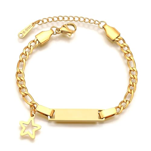 JewelryWe Personalisiert Armband Kinder Figarokette: Gold Edelstahl Poliert Pentagramm Stern Figaro Kette Kinderarmband Babyarmband Armkette mit Gravur für Junge Mädchen Baby von JewelryWe