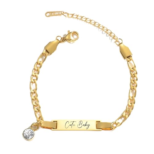 JewelryWe Personalisiert Armband Kinder Figarokette: Gold Edelstahl Zirkonia Hochglanz Poliert Figaro Kette Kinderarmband Babyarmband Armkette mit Gravur für Junge Mädchen Baby von JewelryWe