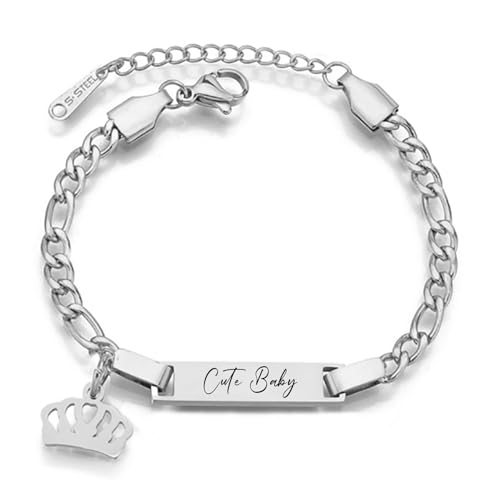 JewelryWe Personalisiert Armband Kinder Figarokette: Silber Edelstahl Hochglanz Poliert Krone Figaro Kette Kinderarmband Babyarmband Armkette mit Gravur für Junge Mädchen Baby von JewelryWe